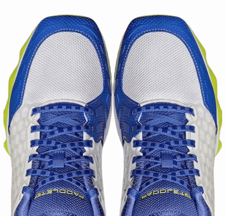 SQAIRZ XRZ2 pickleball shoes on an outdoor court showing the squared-off toe box